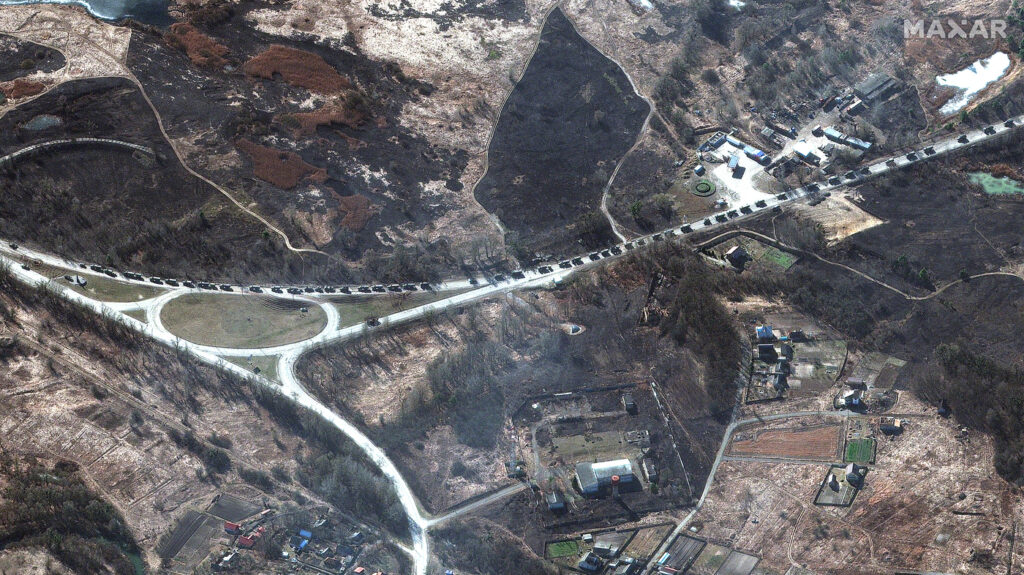 Satellite images show 40-mile-long Russian military convoy nearing Kyiv : The Picture Show : NPR